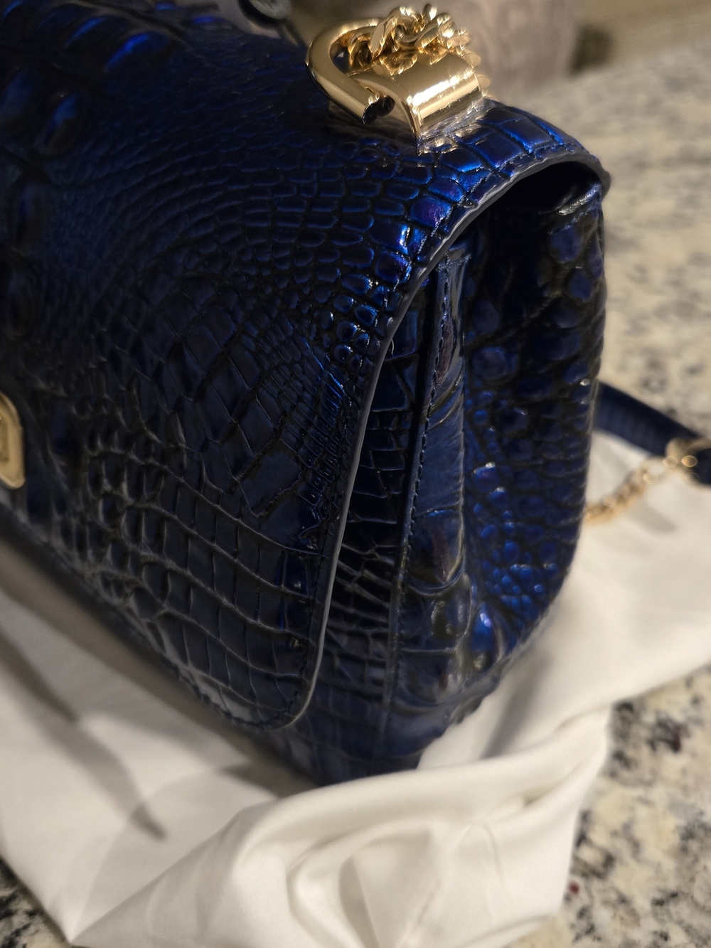 Brahmin Blue Croc-Embossed Leather Crossbody Bag with Gold Chain Rachel Neptune - Picture 6 of 8